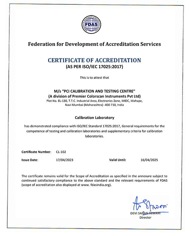 PCI Calibration and Testing Certificate